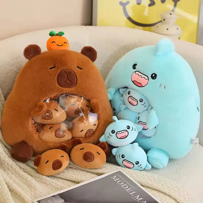 Set of cute kawaii plush toys including a brown bear and blue cat on a beige surface.