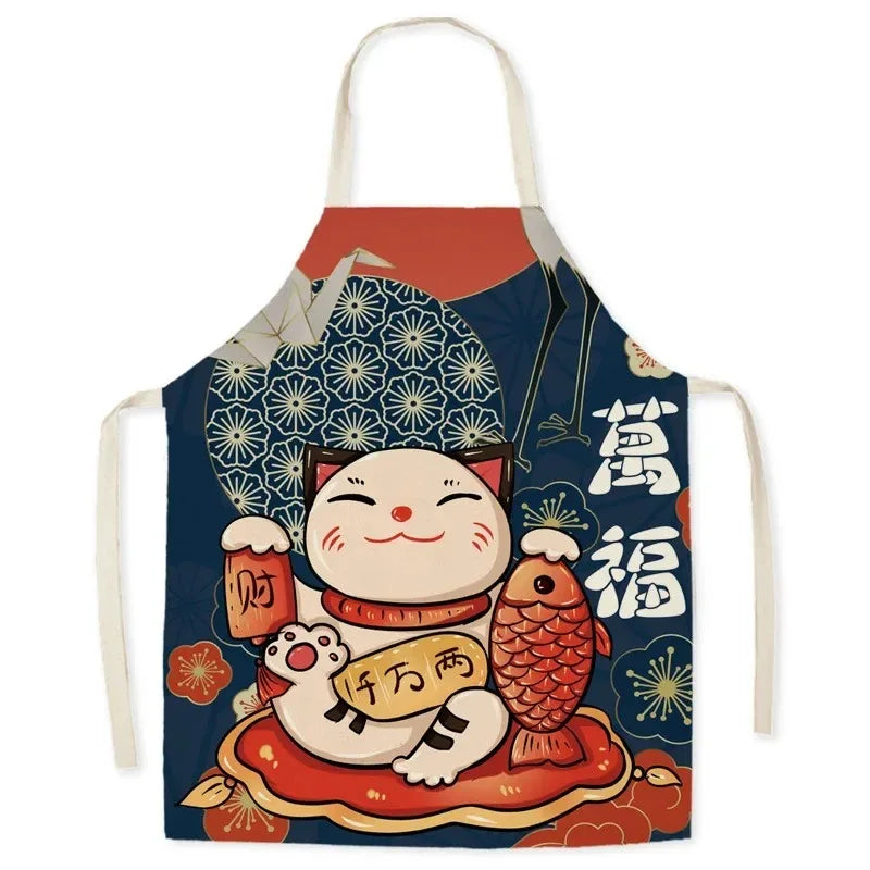 Apron with a Maneki Neko (Lucky Cat) Kawaii design on a white background