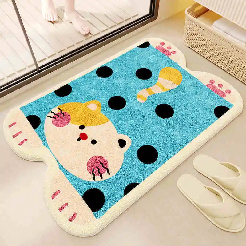 Cartoon character kawaii rug on a floor with slippers nearby