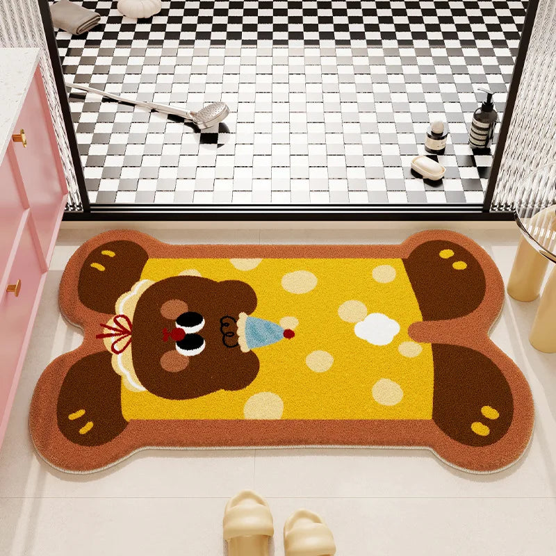 Bear-shaped kawaii rug on a checkered floor with a glass door in the background