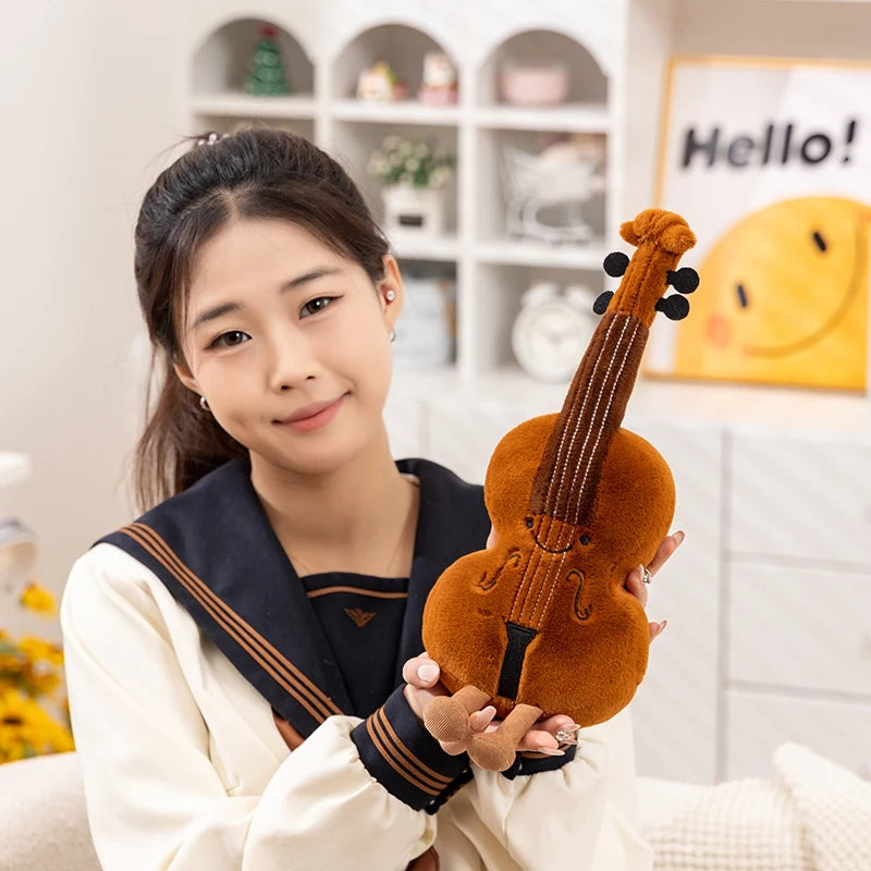 Person holding a kawaii plush violin toy in a room with shelves and decor.