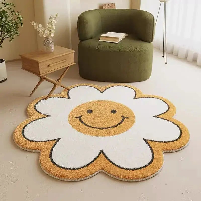 Flower-shaped kawaii rug with a smiley face in a room with a green armchair and wooden side table.