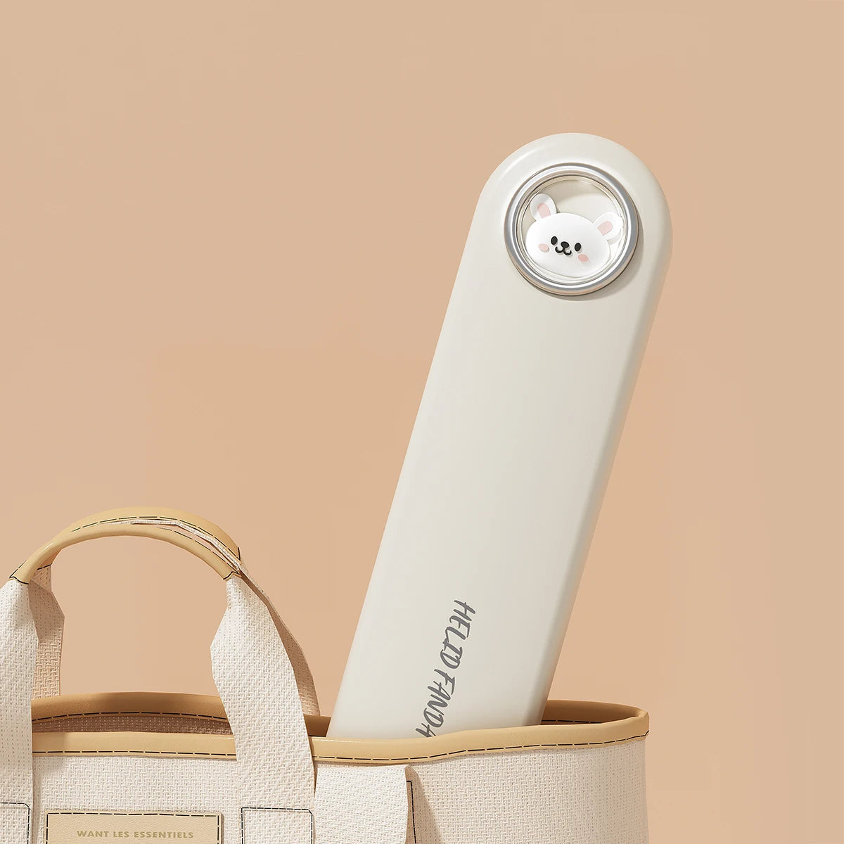 White kawaii utensils with a cartoon character on a beige background