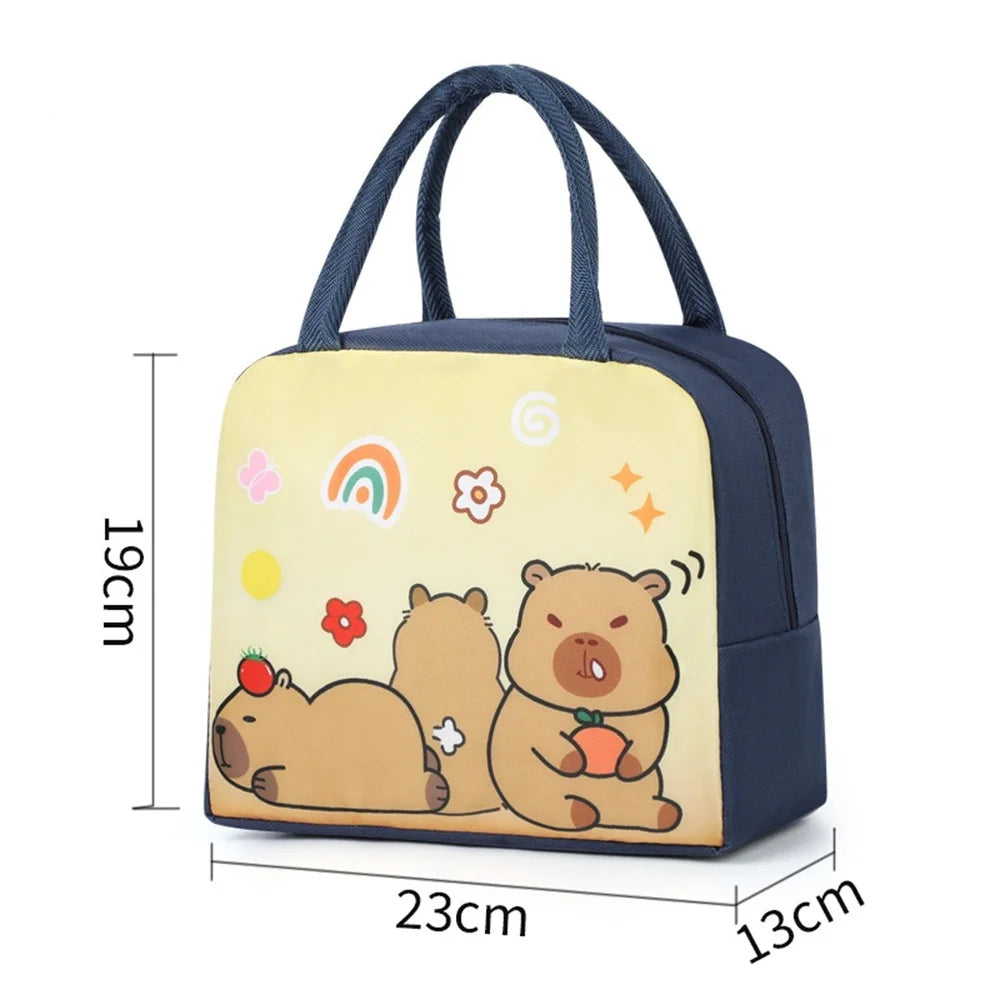 Small kawaii bag with cartoon designs and measurements on a white background