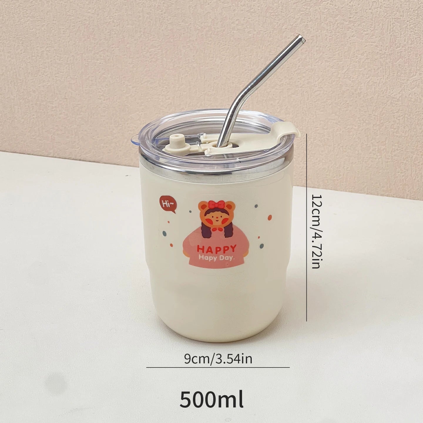 White kawaii tumbler with cartoon character and 'Happy Day' text, featuring a metal straw, on a light pink background.