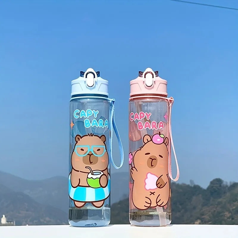 Two kawaii-themed water bottles with bear characters against a blue sky.