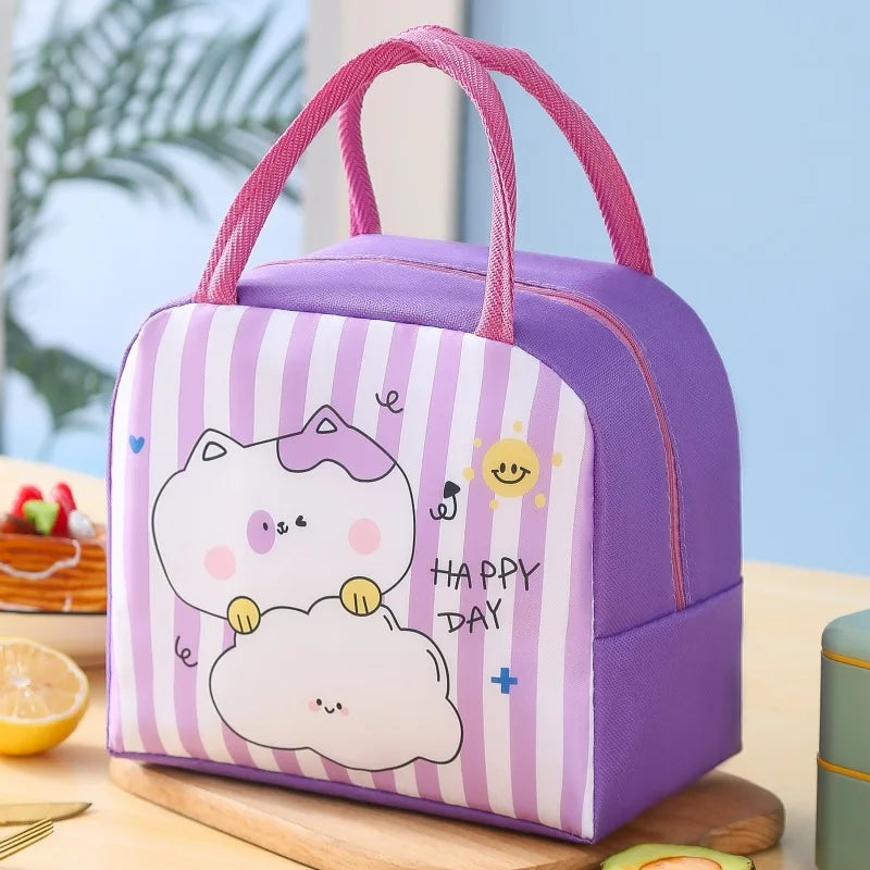 Purple kawaii lunch bag with cartoon cat design on a wooden table