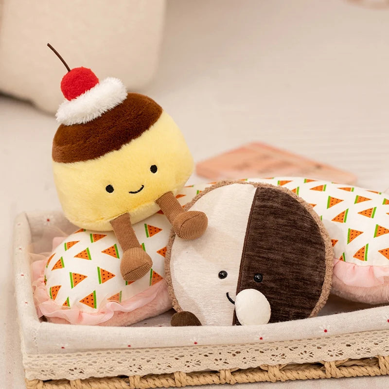 Kawaii plush toy resembling a dessert with a cherry on top in a basket
