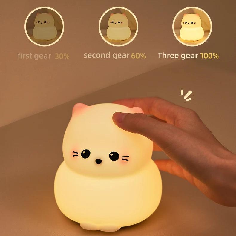 Cat-shaped kawaii night light with three gear brightness adjustment on a brown background