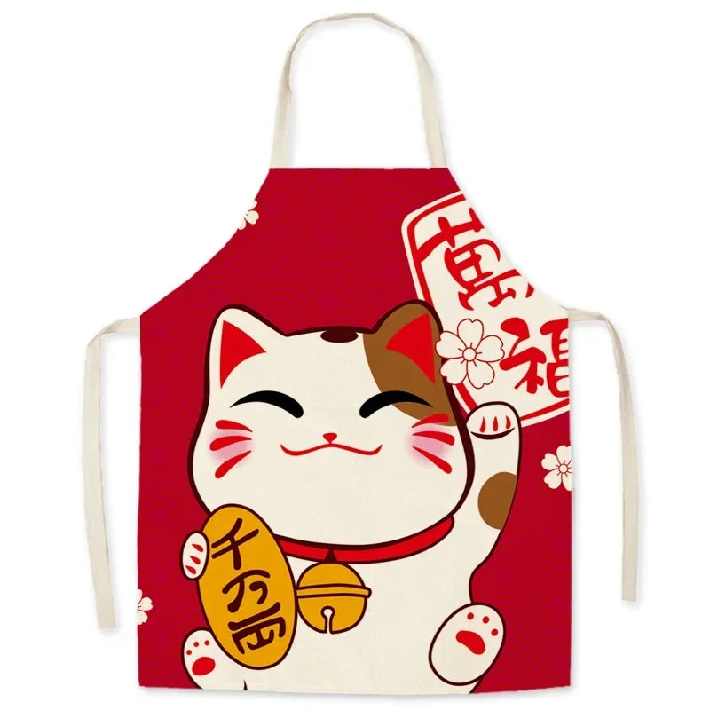 Red kawaii apron with a cartoon cat design on a white background