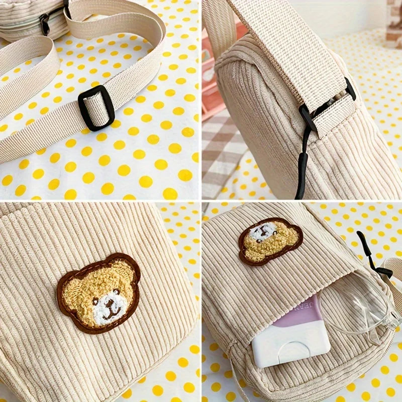 A four-panel collage showing a beige corduroy shoulder bag from multiple angles. The bag has a wide adjustable strap with a black buckle, a side pocket with a teddy bear face applique patch, and a zippered compartment shown holding a white card case and glasses.