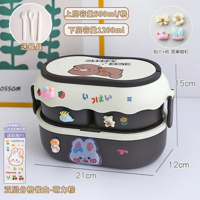 Double-layered kawaii lunch box with cartoon designs and measurements on a white background
