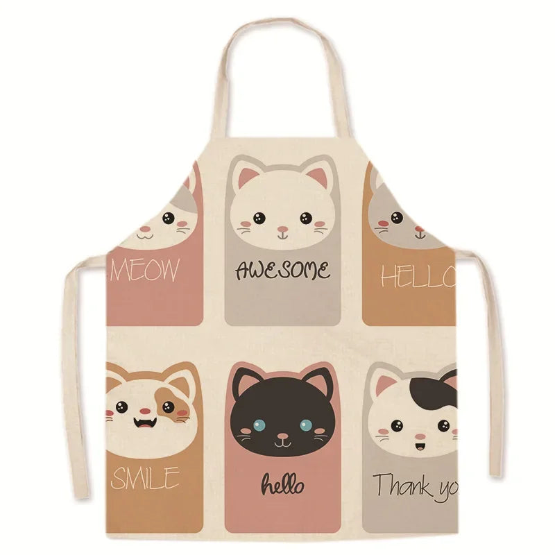 Kawaii apron with cat illustrations and text on a white background