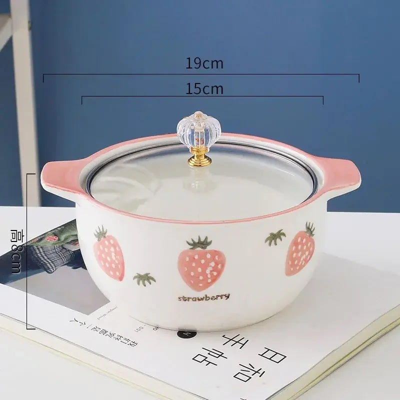 Ceramic kawaii ramen bowls with strawberry design and measurements on a blue background