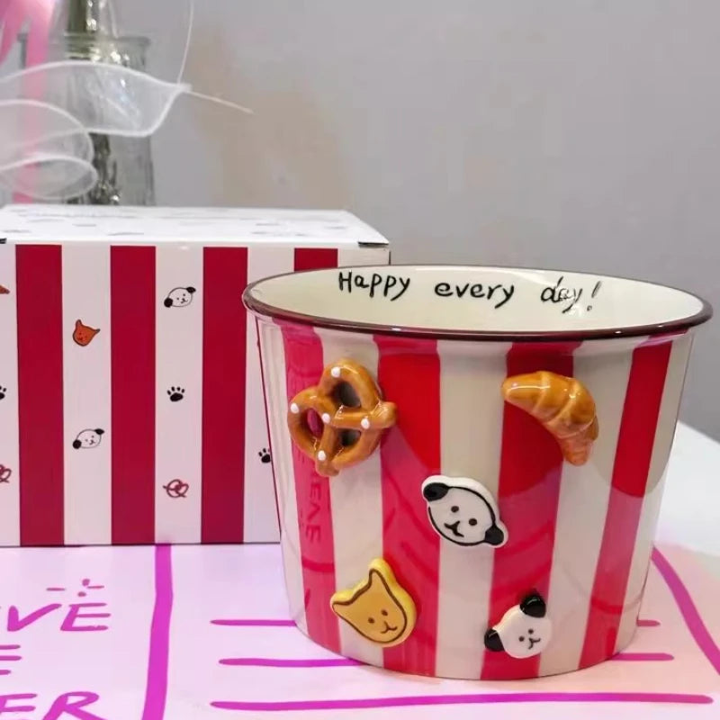 A red and white striped kawaii ramen bowl with food and pets on it