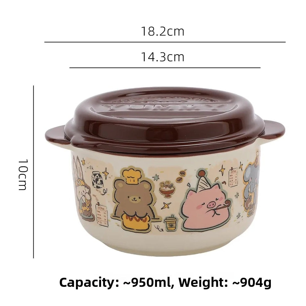 Cartoon-covered kawaii ramen bowl with dimensions and features on a beige background