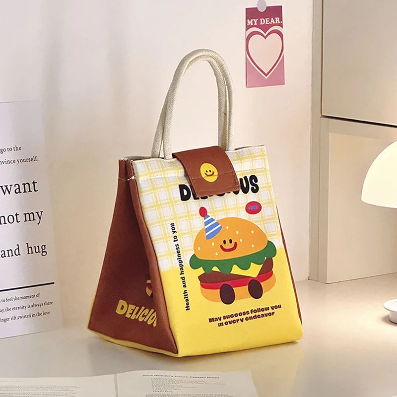Colorful kawaii tote bag with cartoon design on a light surface