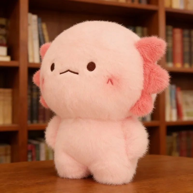 Pink kawaii plush toy with flower on a wooden surface in front of a bookshelf