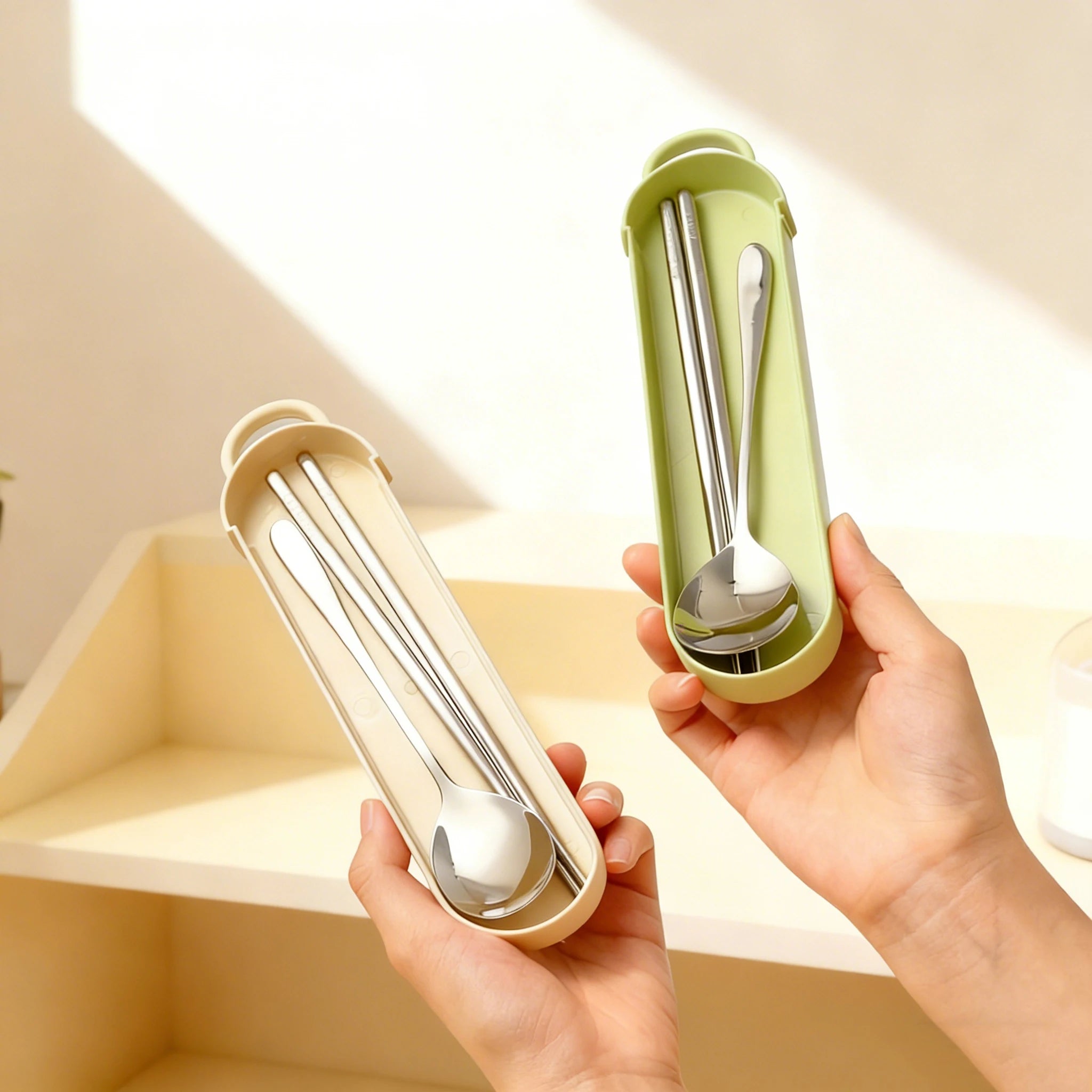 Someone holding up a white and green kawaii utensils