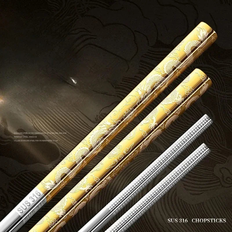 Set of gold and silver kawaii chopsticks on a dark background