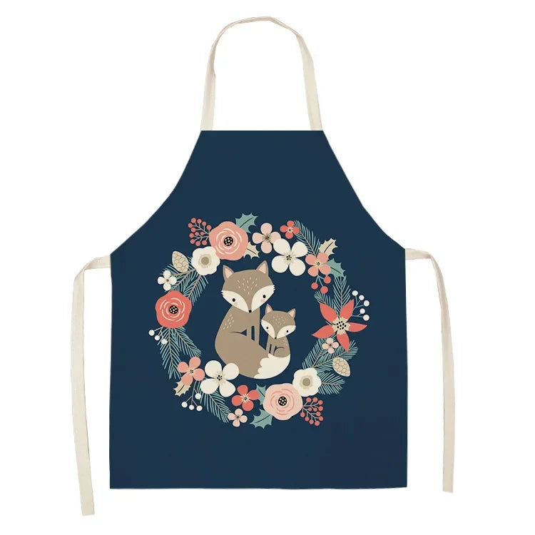 Navy blue kawaii apron with fox and floral design on a white background
