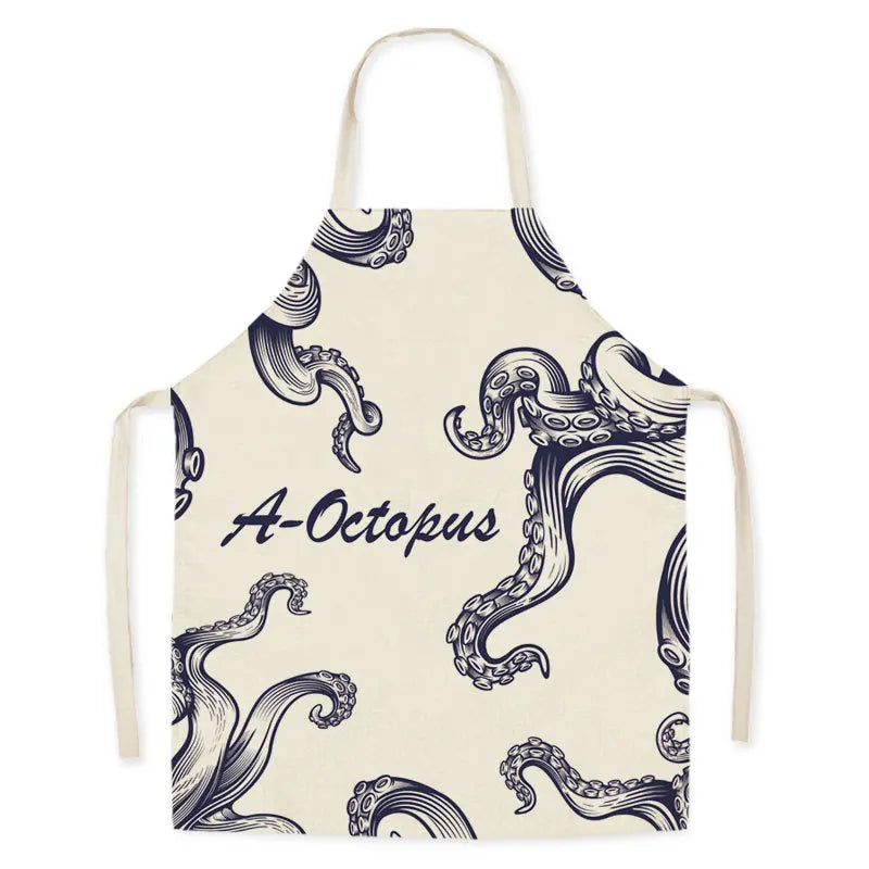 Kawaii apron with octopus tentacle design and 'A-Octopus' text on a white background