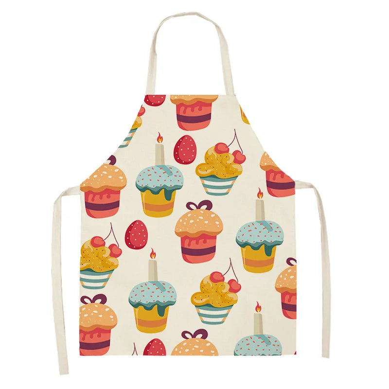 Children's kawaii apron with colorful cupcake pattern on a white background