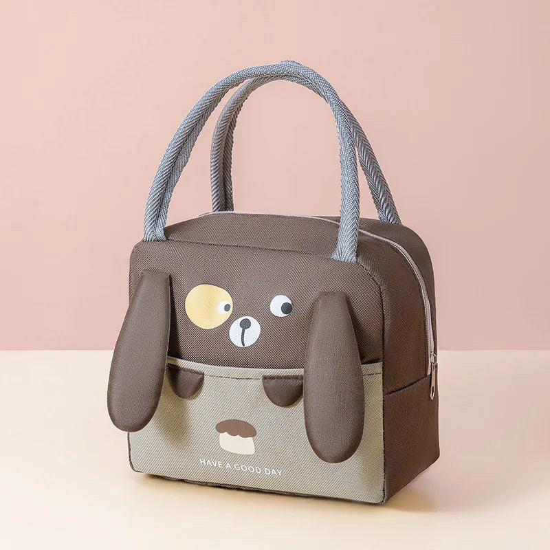 Dog-shaped kawaii lunch bag with a cute design on a beige background