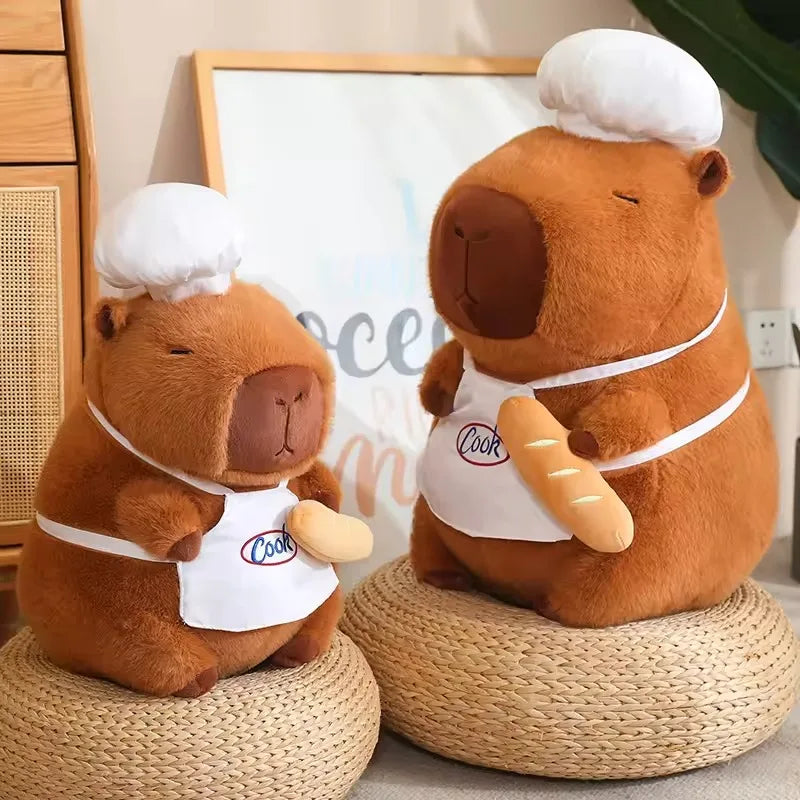 Two brown kawaii teddy bears with chef hats and aprons on woven stools.