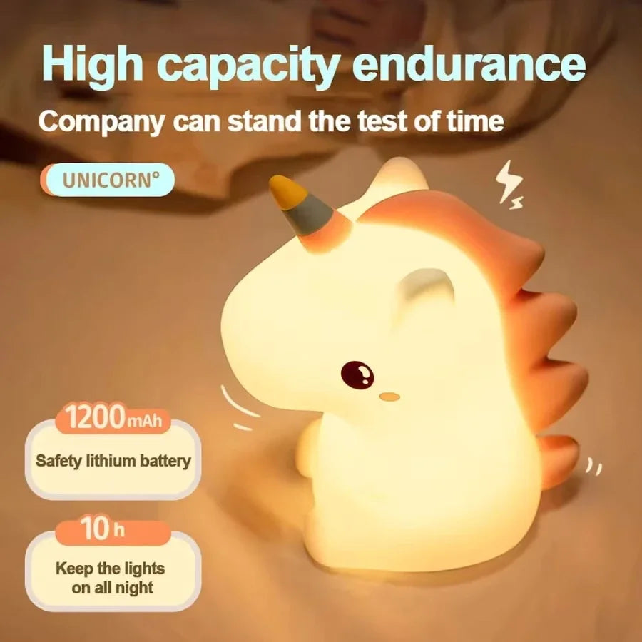 Kawaii unicorn-shaped night light with battery information on a warm background