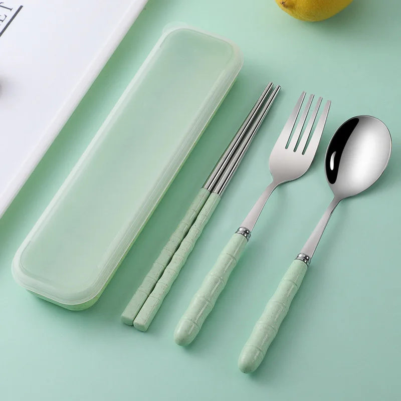 Green travel kawaii utensils set with case on a light green background