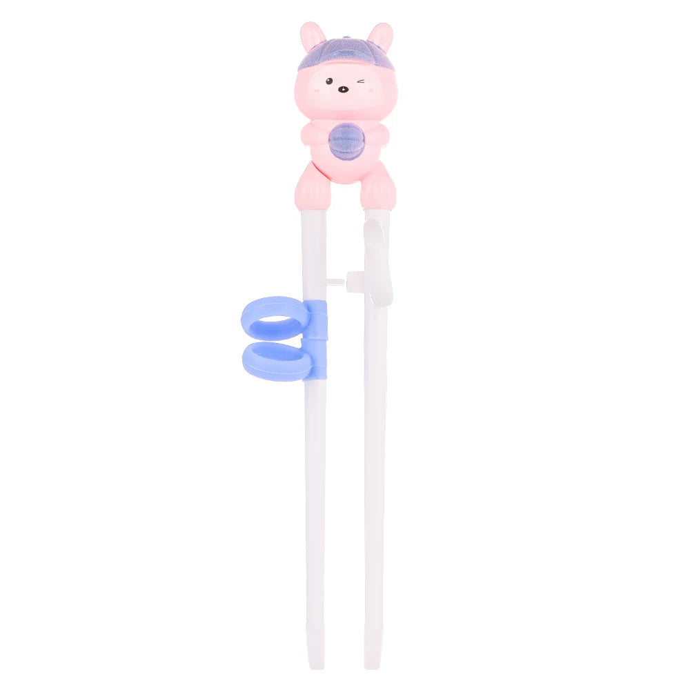 Pink kawaii rabbit-shaped straw with a blue band on a white background