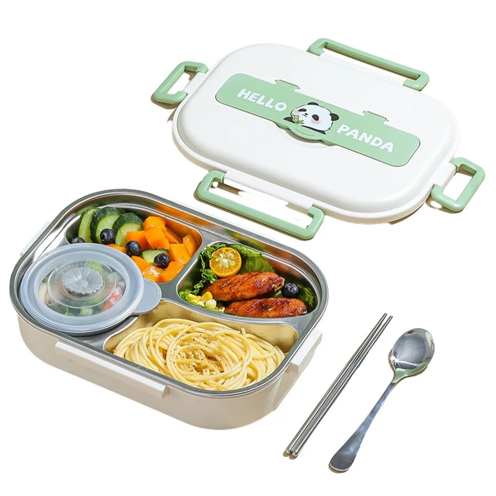 Kawaii bento box with compartments of food, a spoon, and chopsticks on a white background