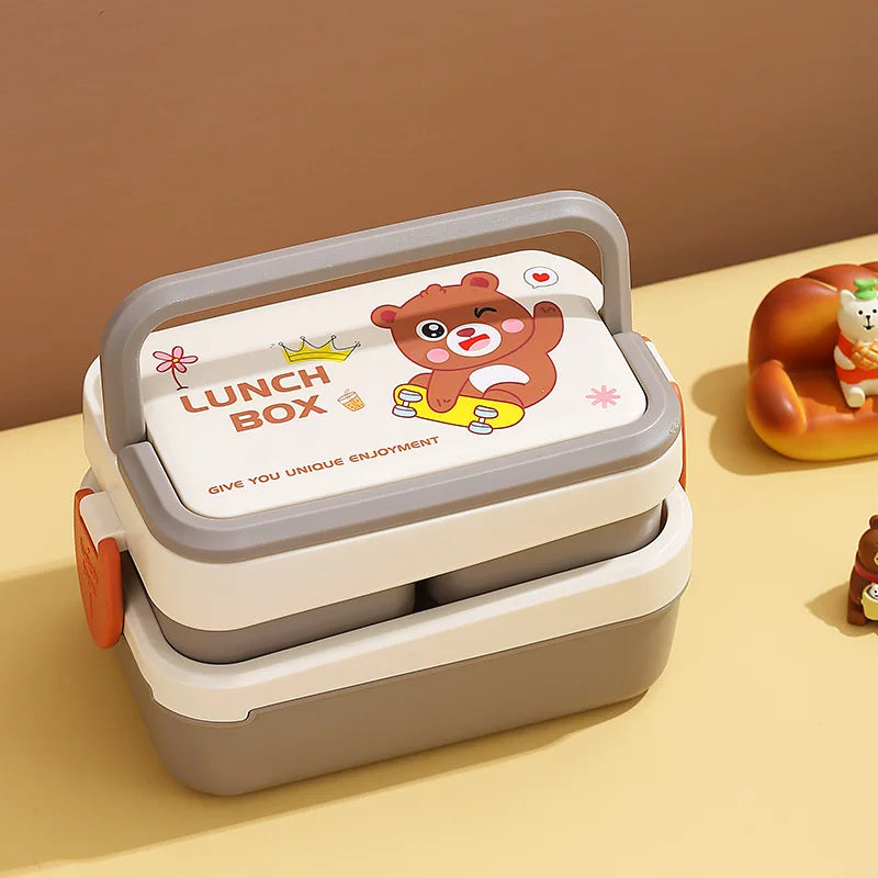 Kawaii lunch box with cartoon bear design on a beige surface