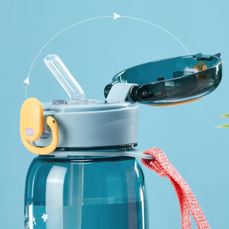 Blue kawaii water bottle with a yellow handle and pink rope on a light blue background