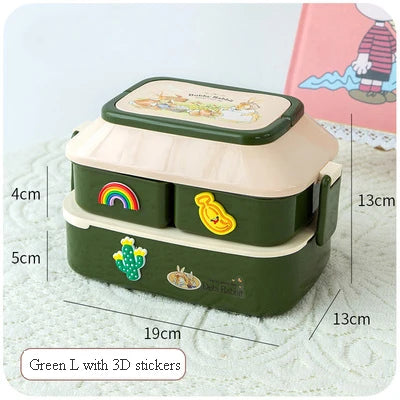 Green kawaii lunch box with 3D stickers and measurements on a light blue background