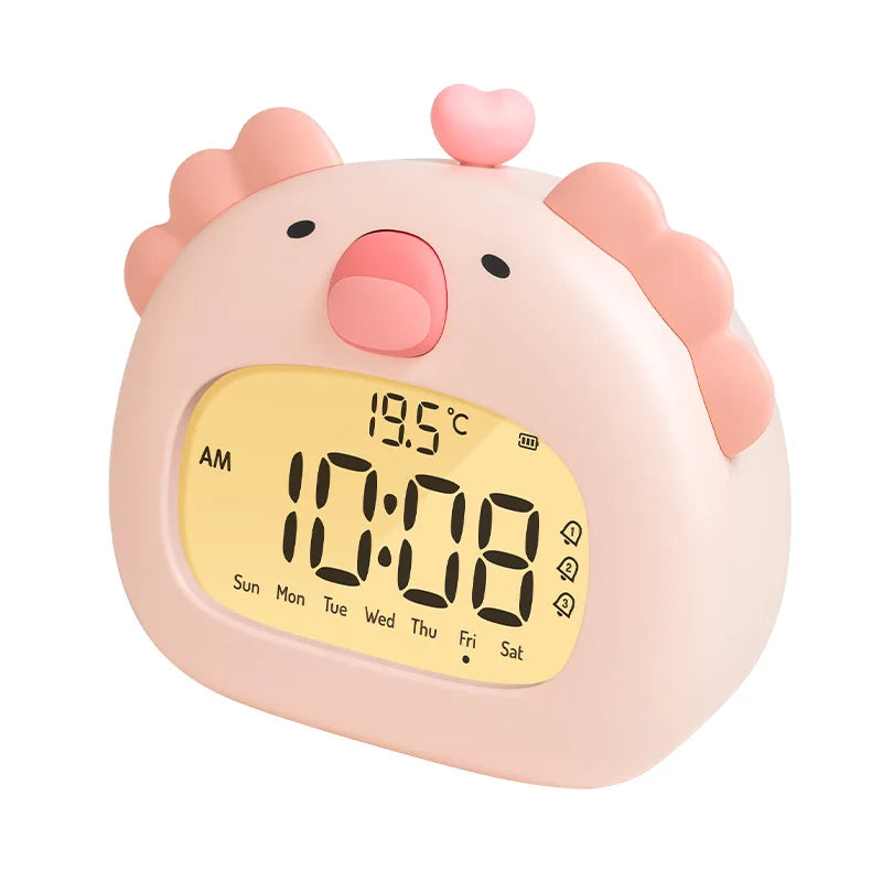 Pink cartoon chicken-shaped kawaii digital clock with temperature and time display on a white background