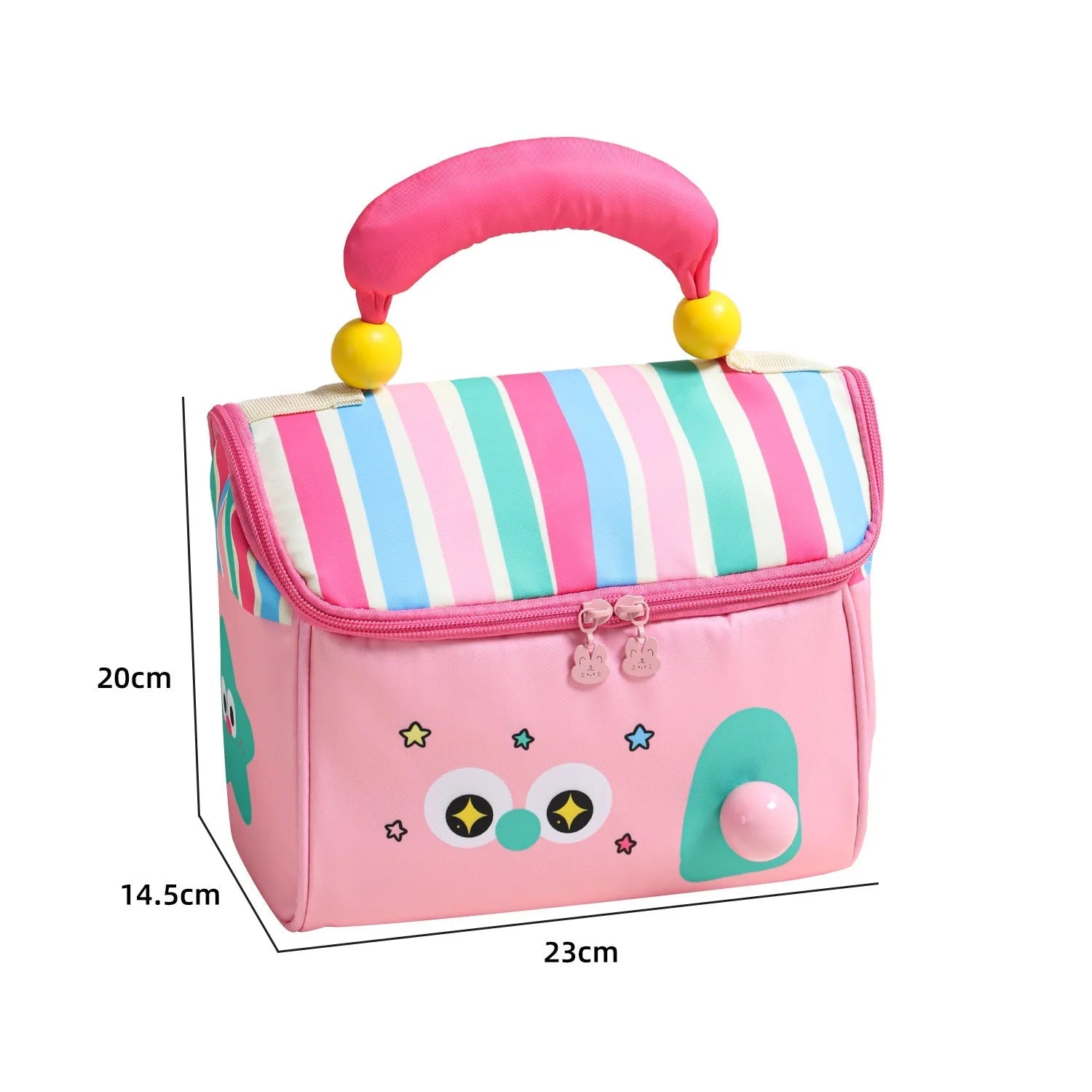 Pink children's kawaii bag with striped design and measurements on a white background