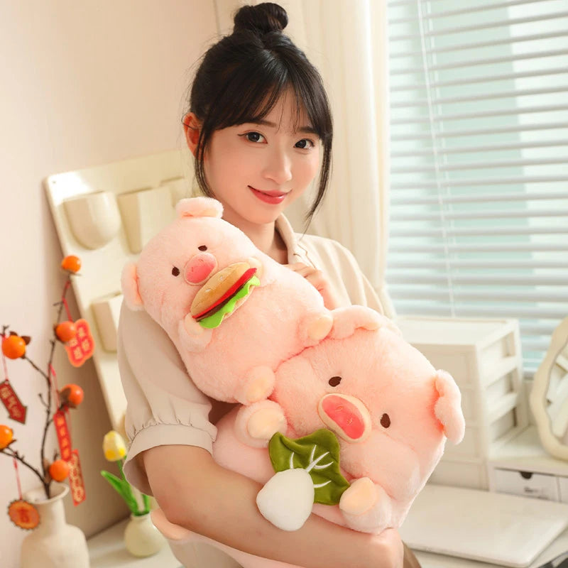 Person holding a kawaii plush toy resembling a bear with a burger, sitting in a room with a window and decorative items.