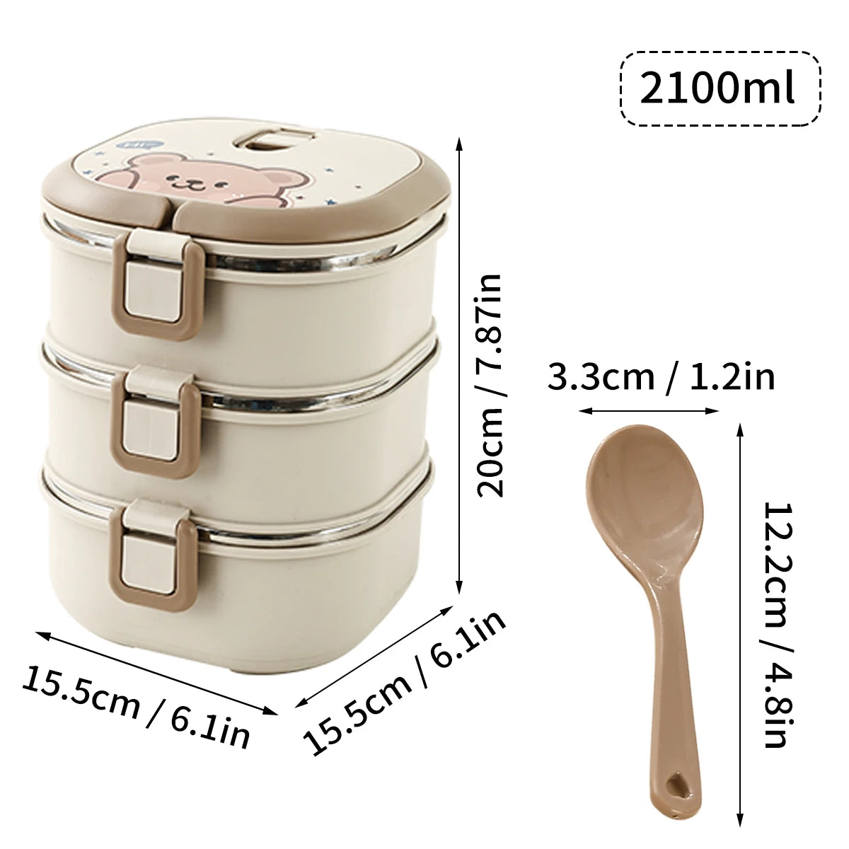 Stackable kawaii-style food container with spoon and measurements on a white background