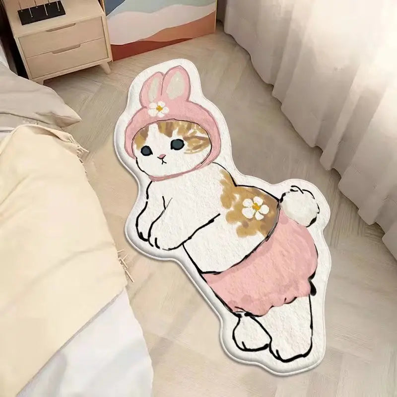 A plush, cat-shaped bath mat featuring a cartoon cat wearing a pink bunny hat and skirt, styled on a light wood floor in a bedroom setting.
