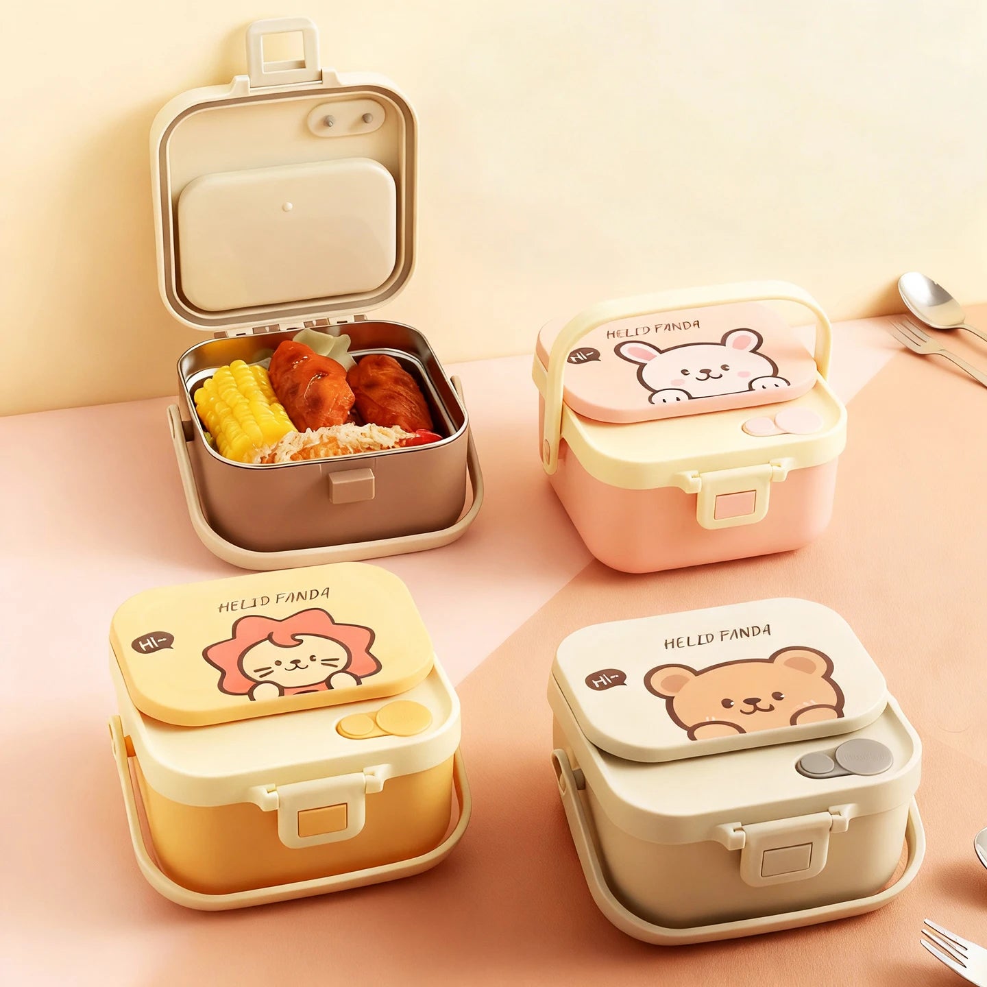 Set of four cartoon-themed kawaii lunch boxes on a pink surface with food inside.