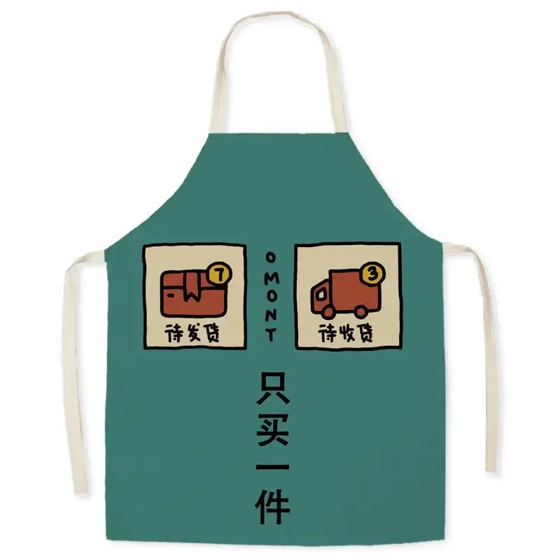 Green kawaii apron with cartoon illustrations and text on a white background