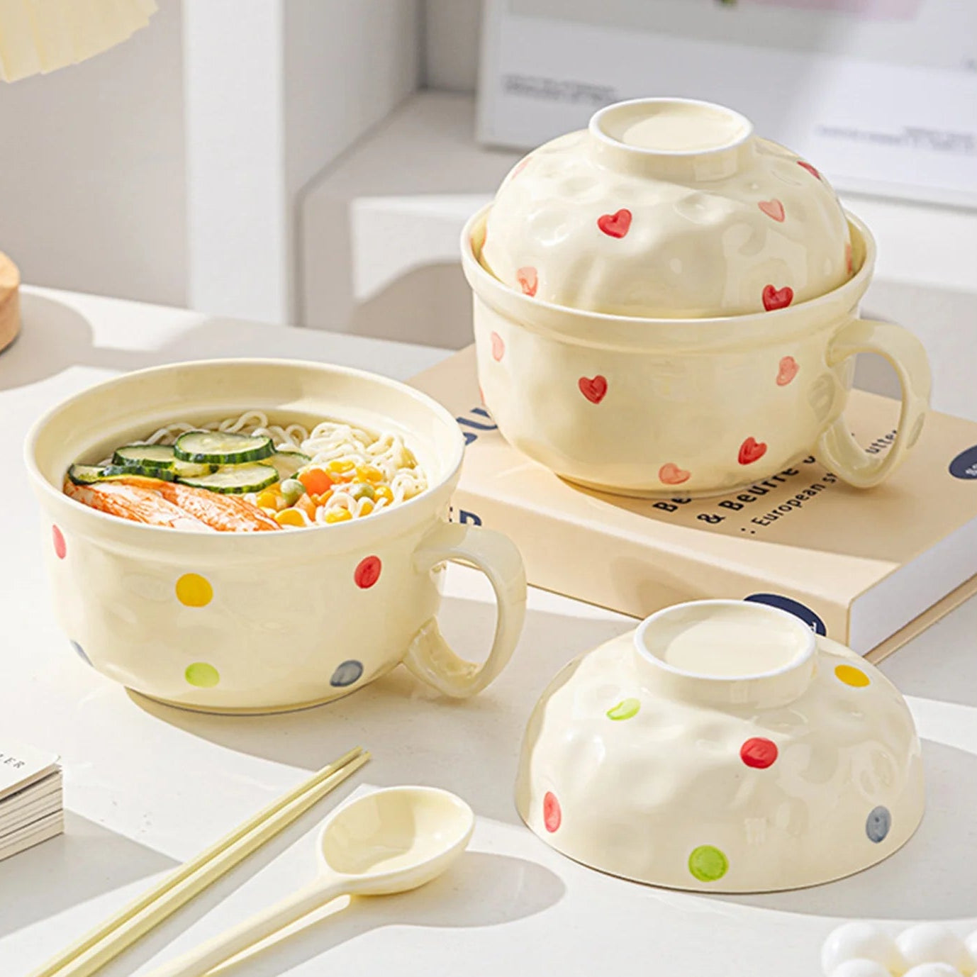 Set of ceramic kawaii ramen bowls with colorful polka dots on a white surface.