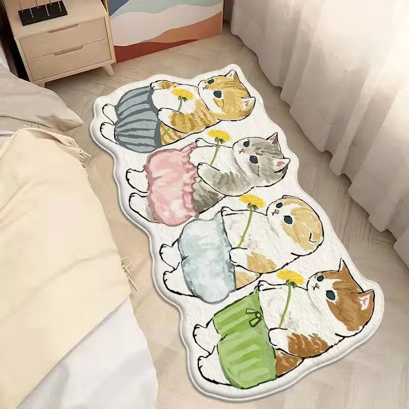 A rug with four cats in various costumes lies on the floor