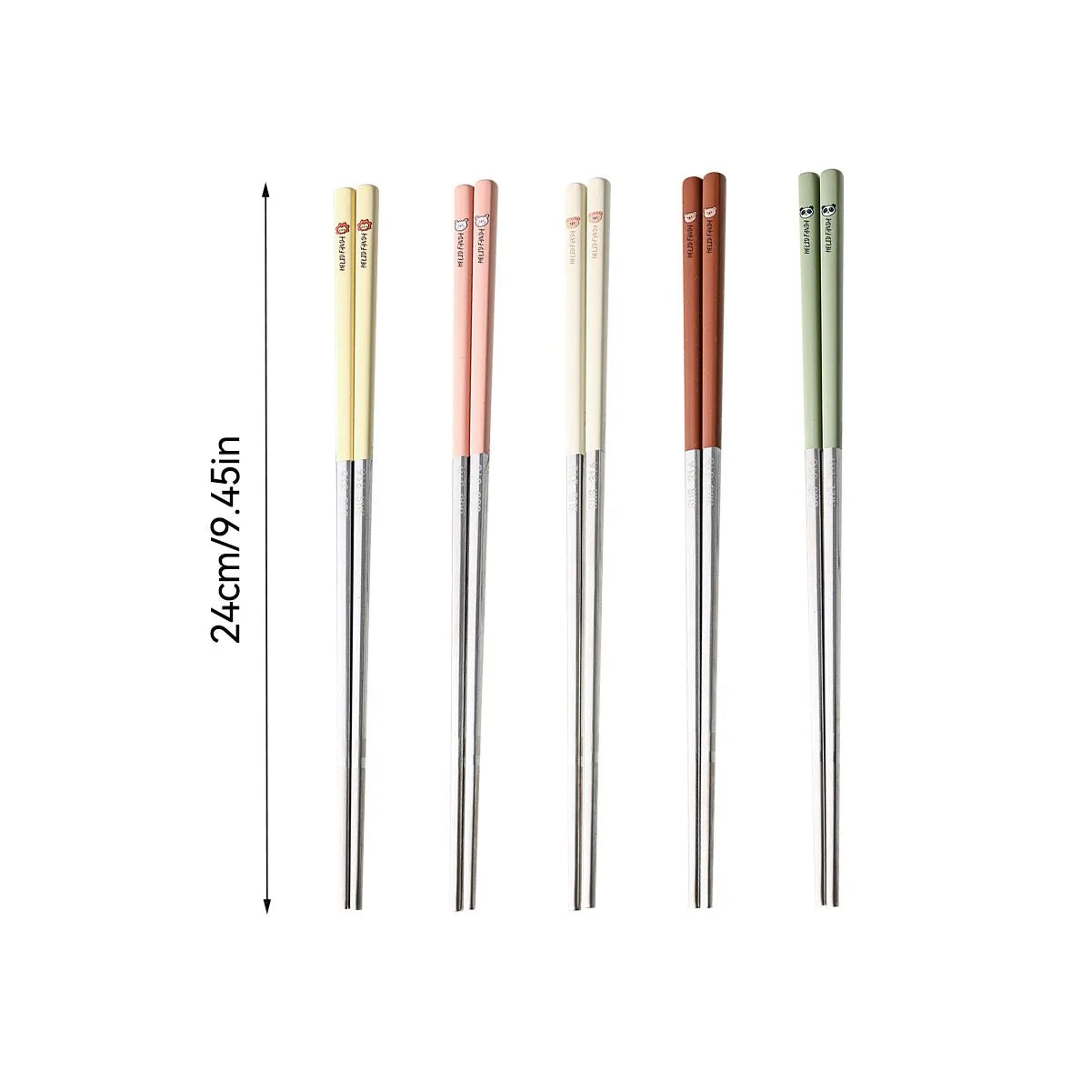 Set of five pairs of kawaii chopsticks with different colored ends on a white background