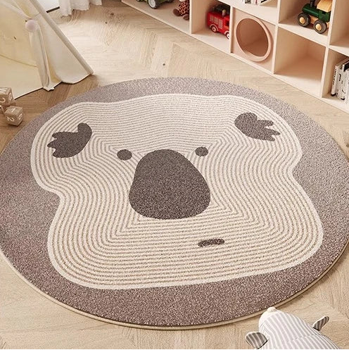 Round kawaii rug with a bear design on a wooden floor