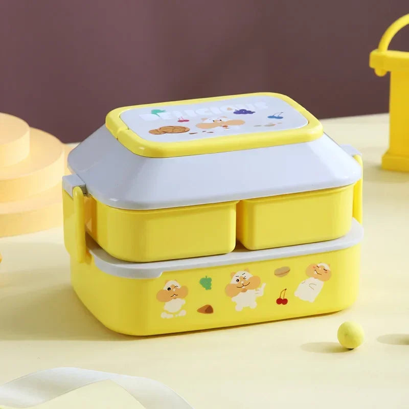 Yellow kawaii bento box with cartoon designs on a light background