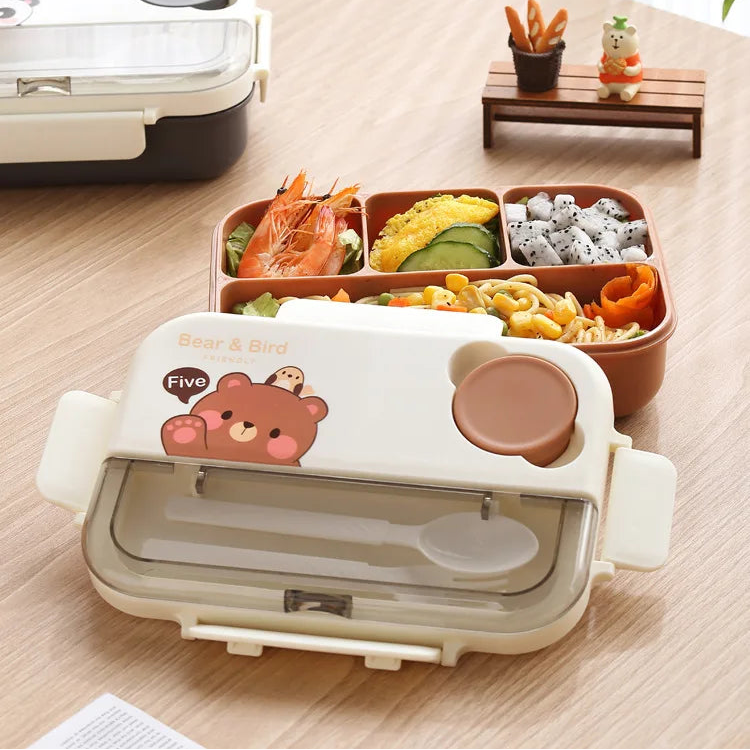 Kawaii bento box with compartments filled with food on a wooden table.