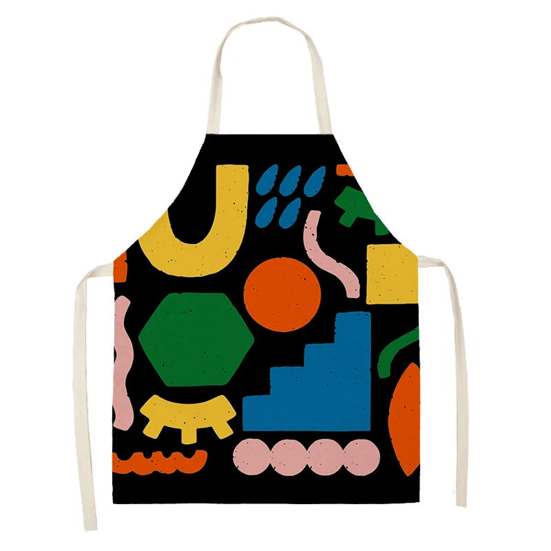 Colorful kawaii apron with abstract geometric shapes on a black background
